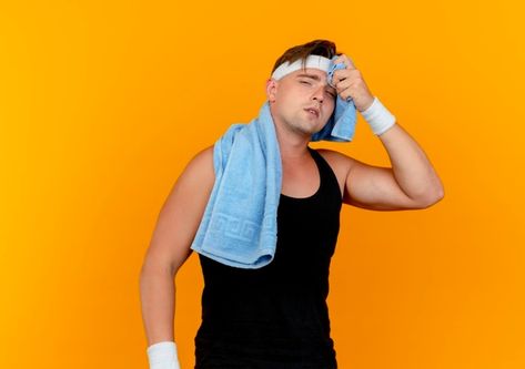 Tired young handsome sporty man wearing ... | Free Photo #Freepik #freephoto #young #towel #tired #sweat Towel Around Neck, Sweating Man, Orange Background, Wristbands, Free Photo, Free Photos, Medical, Stock Photos, Orange