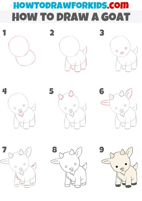 Draw Goat Easy, How To Draw A Goat, Goat Drawing Easy, Cute Goat Drawing, Draw A Goat, Drawing Easy For Kids, Goat Drawing, Goat Head, Drawing Lessons For Kids