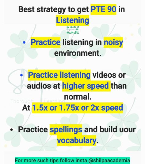 Practice listening at different environment, different accents, at different speeds for PTE90 Pte Vocabulary Words, Pte Preparation, Pte Exam, Pte Academic, Academic Vocabulary, Ielts Writing, Exams Tips, English Fun, English Tips