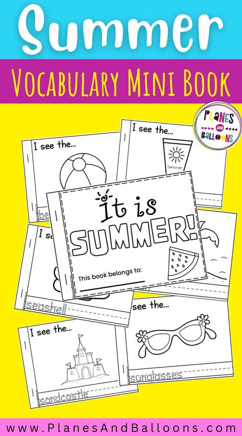 Free printable summer preschool activities for kids! Make this fun summer mini book to build summer vocabulary. Summer writing booklet for emergent readers. Easy reader book for summer theme in preschool and kindergarte. Summer Vocabulary For Kids, Summer Printables Free Preschool, Preschool Summer Theme, Summer Worksheets For Preschool, Summer Theme Preschool, Summer Worksheets For Kids, Summer School Worksheets, Preschool Language Arts, Summer Vocabulary