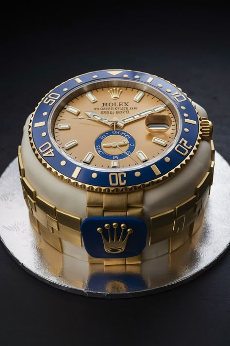 Transform his birthday into a celebration of sophistication with a stunning Rolex-themed cake. This edible version of the iconic Rolex watch features detailed decorations such as a fondant-crafted dial, complete with hour markers and hands, and a shiny, metallic finish that mimics the luxurious sheen of a real Rolex. #rolexcake #cakeideas #birthdaycake #luxurycake #designercake #celebrationcake #cakeinspiration #cakedecorating #baking #sweetreats Watch Cake Ideas, Rolex Cake For Men, Luxury Cake For Men, Cakes For Mens Birthday, Men’s Birthday Cake, Crown Royal Cake, Rolex Cake, Funky Cakes, Watch Cake