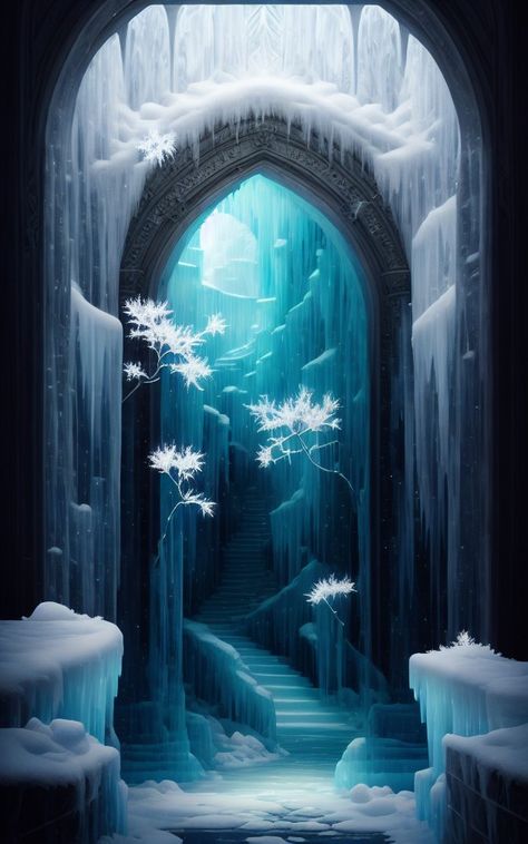 Ice Forest Fantasy Art, Ice Mage Aesthetic, Ice Palace Fantasy Art, Ice Castle Fantasy Art, Ice Palace Aesthetic, Fantasy Ice Landscape, Ice Kingdom Fantasy Art, Ice Fantasy Art, Ice Temple