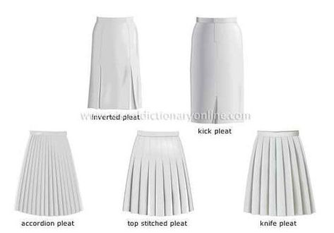 Different types of pleated skirts Types Of Pleats, Pleated Skirt Pattern, Pleats Fashion, Knife Pleated Skirt, Fashion Terminology, Bouchra Jarrar, Pleats Skirt, Knife Pleat, Girls Dress Sewing Patterns