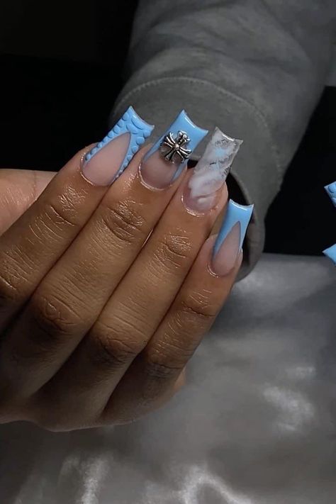 Blue French Tip, French Tip Acrylic Nails, Blue French, Nail Inspo, Acrylic Nails, Canon, Nail Polish, Marble, Nails