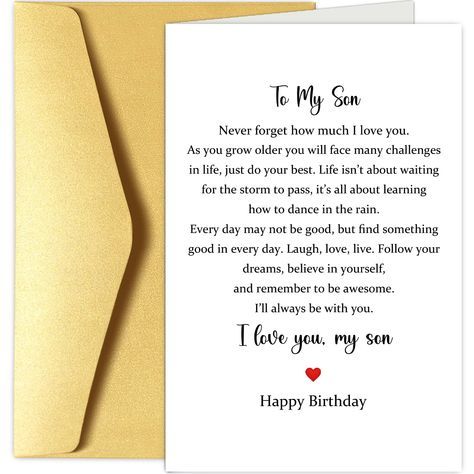 PRICES MAY VARY. Featuring sentimental words for an adult or teenage son. The card is an elegant and beautiful way to show your son you love him on his birthday. Special birthday cards for kids will definitely make the celebration more enjoyable, like this heartwarming card for a special son. Card Size (Folded): 20.5cm x 13.5cm / 8.0" x 5.3" inches. The card printed on high quality, smooth 300gsm card stock, and comes with a nice envelope. Blank inside for your own message. You can write down so Birthday Greetings For Myself, Birthday Cards For Kids, Son Birthday Card, Birthday Card For Son, Letters To My Son, Birthday Wishes For Son, Teenage Son, Special Birthday Cards, Birthday Card Sayings