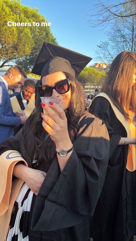 Brunette with graduation ceremony hat and robe holding a cup ofProsecco in golden hour Master’s Degree, First Class Honours Degree Aesthetic, First Class Degree Aesthetic, Master Degree Aesthetic, Masters Degree Aesthetic, First Class Honours Degree, Degree Aesthetic, Lawyer Bae, Degree Party