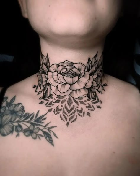 Woman Throat Tattoo, Rose Throat Tattoos Women, Throat Tattoos Women Simple, Feminine Throat Tattoos, Neck Tattoos Women Throat, Female Throat Tattoo Ideas, Throat Tattoos Women, Tattoo Ideas And Meanings, Baby Owl Tattoos