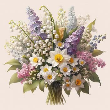 bouquet of lily of the valley, daffodils, lilacs and daisies - Image Creator from Microsoft Designer Daffodil And Lily Of The Valley Bouquet, Lily Of The Valley Flower Arrangements, Lilies Of The Valley Bouquet, Bouquet With Lily Of The Valley, Daffodil And Lavender Bouquet, Lily If The Valley Bouquet, Wedding Bouquet Daffodil, Lily Of The Valley Arrangement, Wedding Bouquets Lily Of The Valley