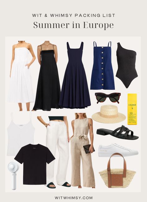 What to Pack for Europe in Summer - wit & whimsy What To Wear In Europe In Summer, What To Pack For Europe, Paris Vacation Outfit, Summer Luggage, Europe Wardrobe, Pack For Europe, What To Wear In Summer, European Travel Outfit, Casual Travel Outfit