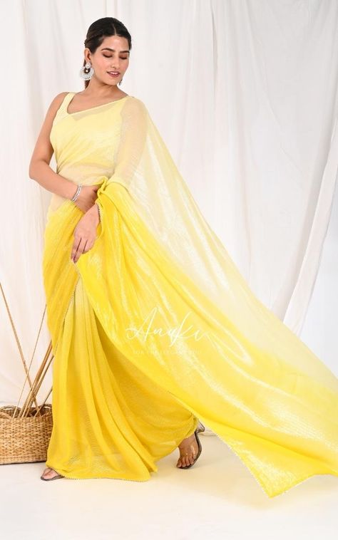 Yellow Ombre Cocktail Saree Lemon Yellow Blouse, Cocktail Saree, Haldi Outfits, Yellow Ombre, Simple Sarees, Yellow Saree, Blouse Saree, Lehenga Collection, Green Saree