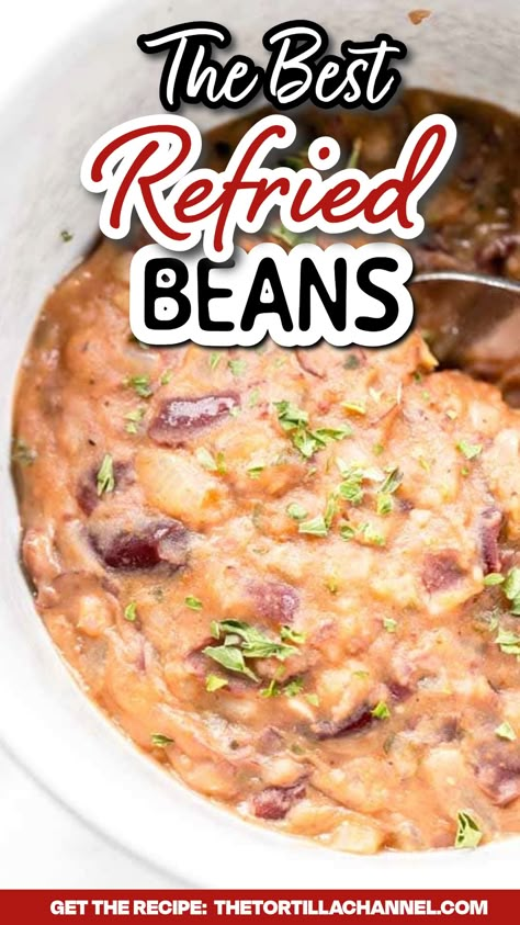 Refried beans in a white bowl Refried Beans Recipe Healthy, Refried Bean Side Dish, Mexican Style Refried Beans, Refried Beans Recipe Authentic, Homemade Refried Beans Authentic, Refried Beans Recipe Canned Pinto Beans, Home Made Refried Beans, Refried Beans Authentic, Canned Refried Beans Doctored Up