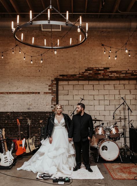 Rockstar Wedding Aesthetic, Rockstar Wedding, Hops Wedding, Industrial Themed Wedding, Wedding Gown Alterations, Dark Wedding Theme, Modern Warehouse, Bridal Alterations, Edgy Wedding