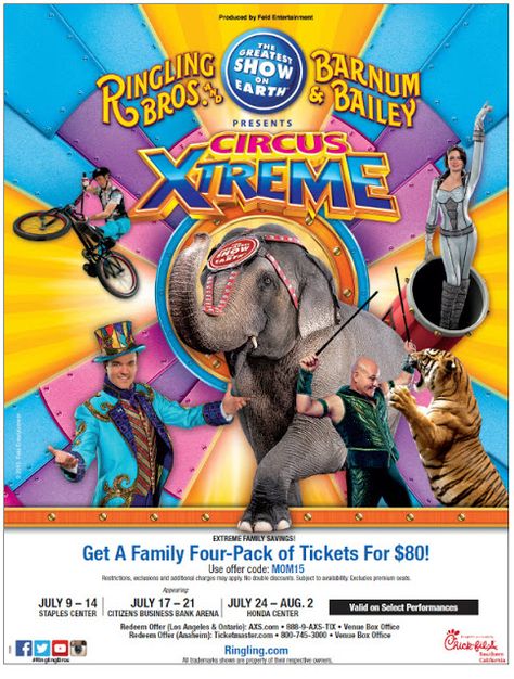 RINGLING BROS. AND BARNUM & BAILEY PRESENTS CIRCUS XTREME! NOW PLAYING IN ONTARIO & ANAHEIM! Ringling Brothers Circus, Barnum Bailey Circus, Greatest Show On Earth, Ringling Brothers, Human Oddities, Circus Poster, Circus Elephant, Circus Animals, Asian Elephant