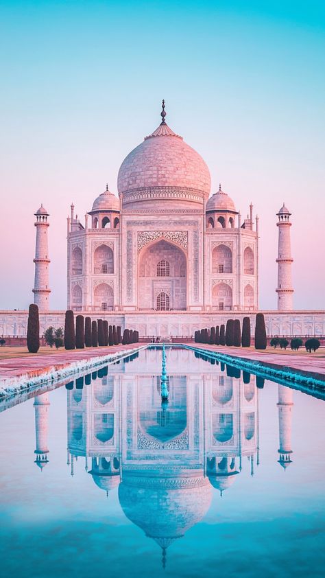 The gleaming white marble of the Taj Mahal at sunrise, a hot destination for wanderlust and mobile wallpaper. Taj Mahal Wallpaper, Taj Mahal Aesthetic, Aesthetic Mobile Wallpaper, Aesthetic Mobile, India Vacation, Unique Vacation Rentals, Unique Vacations, Destin Hotels, Wallpaper Inspiration