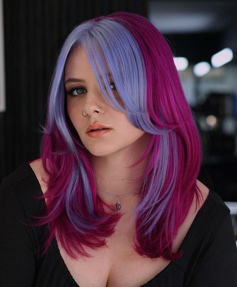 Vibrant Hair Colour Ideas, Pink Hair With Lowlights, Pink Half And Half Hair, Purple Vivid Hair, Lunar Tides Cranbaby Hair, Blue Purple Red Hair, Purple Split Dyed Hair, Magenta Hair Aesthetic, Pink And Blue Hair Ideas