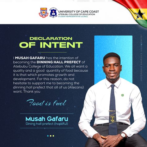 Declaration of intent of the flyer for the Dining Hall prefect, which has been artfully crafted by the esteemed Oppomence graphics, is hereby presented in Ghana. you can contact us on 0247369275 Declaration Of Intent, Campaign Flyers, Leadership Goals, Cape Coast, Kaftan Designs, House Cleaning Services, Dining Hall, Food Is Fuel, House Cleaning