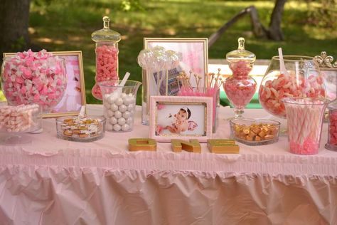 Karoline Maria's 1st Birthday | CatchMyParty.com First Birthday Candy Table, Gold Birthday Party Ideas, Birthday Candy Table, Royal Princess Birthday, Baptism Cake Girl, Pink And Gold Birthday, Pink And Gold Birthday Party, Pink First Birthday, Pink Gold Birthday