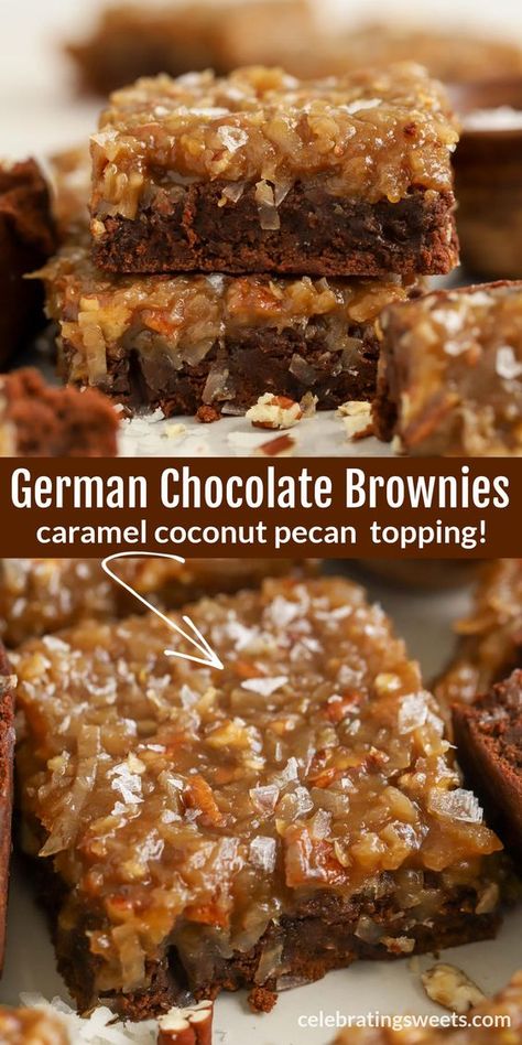 Brownie Decorating Ideas Thanksgiving, German Chocolate Cake Brownies, German Chocolate Bars Easy, Snack Ideas For Get Togethers, German Chocolate Topping, Variety Of Brownies, Easy Meals For Large Crowds, Office Baking Ideas, Back In The Day Bakery Recipes