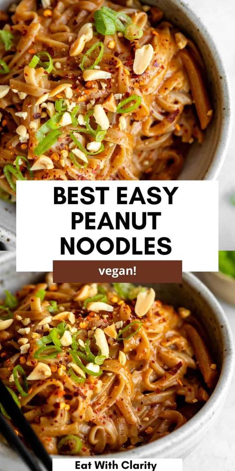 These 15 minute spicy peanut butter noodles are easy to make, high protein and full of flavor. Serve these peanut noodles with tofu, chicken, salmon or shrimp and veggies for an easy weeknight dinner the whole family will love. Salmon Recipes Noodles, Peanut Noodles With Shrimp, Vegan Peanut Sauce Noodles, High Protein High Veggie Meals, Peanut Shrimp Noodles, Peanut Coconut Noodles, Lunch Ideas No Dairy, Thai Peanut Noodles With Chicken, Peanut Butter Soba Noodles