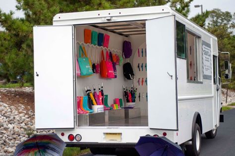 Retail merchandising truck that was recently rented to a client to promote a new line of products! Mobile Fashion Truck, Product Sampling, Truck Store, Food Truck For Sale, Truck Business, Promotional Merchandise, Fashion Truck, Boutique Inspiration, Drawing Interior