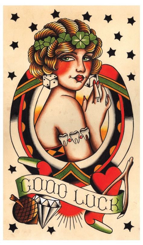 Vintage Lady Luck, Good Luck, Tattoo Flash Print | Luck Tattoo ... Angelique Houtkamp, Luck Tattoo, Traditional Tattoo Flash Art, Traditional Tattoo Old School, Pin Up Girl Tattoo, Sailor Jerry Tattoos, Lady Luck, Tattoo Traditional, Incredible Art