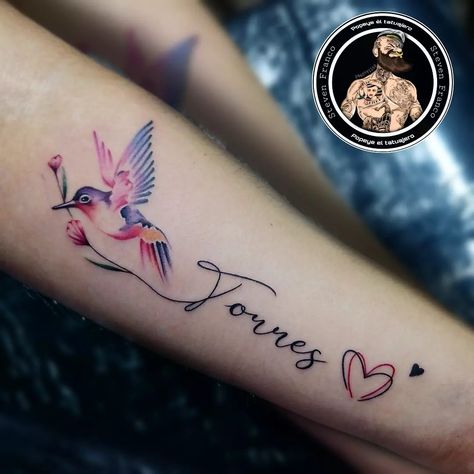 Hummingbird Name Tattoo, Hummingbird Tattoo With Name, Hummingbird Tattoo Forearm, Colorful Hummingbird Tattoo, Back Of Forearm Tattoo, Tattoo Hummingbird, Crown Tattoos For Women, Shen Long Tattoo, Puzzle Tattoos