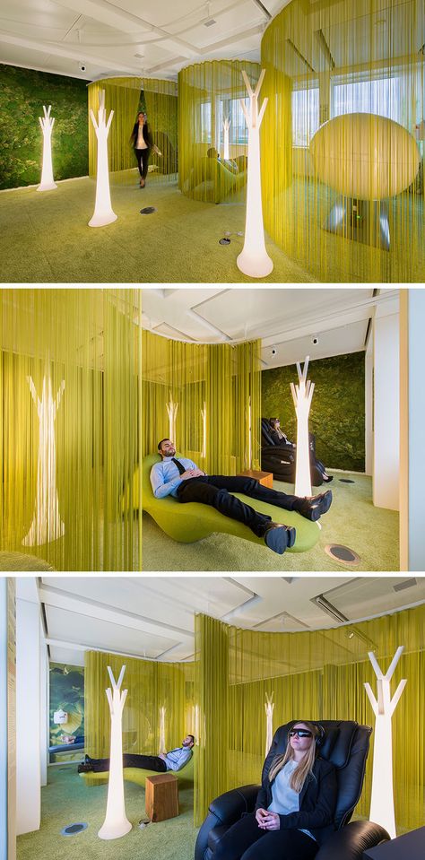 Office Design Inspiration - This Modern Office Has A Lounge Area For Quiet Relaxation.   When PwC Switzerland commissioned Evolution Design to create their new office in Basel, they wanted an office with a super healthy work environment. As part of this healthy environment, the office would need to include areas of activity, attitude, rest, and nutrition. Modern Office Lighting, Evolution Design, Industrial Office Design, Cool Office Space, Office Design Inspiration, Corporate Office Design, Green Office, Office Lounge, Modern Office Design