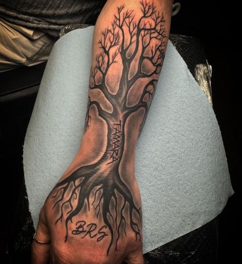 Life Tree Tattoo Men, Tree Arm Tattoo Men, Poison Tree Tattoo Forearm, Poison Tree Tattoo Meaning, Leafless Tree Tattoo, Green Tattoo On Dark Skin, Poison Tree Drawing, Tree Tattoo Hand, Family Tree Tattoo For Men