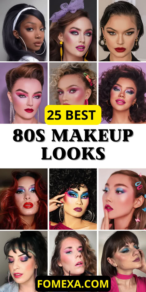 Discover the magic of retro glam with 25 Iconic 80s Makeup Looks That Are Making a Comeback. Featuring playful colors like vibrant purple, disco-ready blue, and rock-inspired reds, these styles capture the bold, creative spirit of the decade. Each look blends nostalgia with modern twists, making it easy to incorporate 80s vibes into today’s style. 80s Prom Hair And Makeup, Easy 80s Makeup, 80 Makeup 80s Party, Iconic 80s Makeup Looks, 80s Disco Makeup, 80’s Make Up, 80s Glam Makeup, 80s Inspired Makeup, 1970’s Makeup