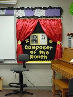 Cute Composer of the Month board, could do with other themes that are being introduced. Music Classroom Organization, Music Bulletin Board, Music Bulletin Boards, Music Classroom Decor, Elementary Music Class, Elementary Music Education, Elementary Music Classroom, Primary Music, Music Room Decor