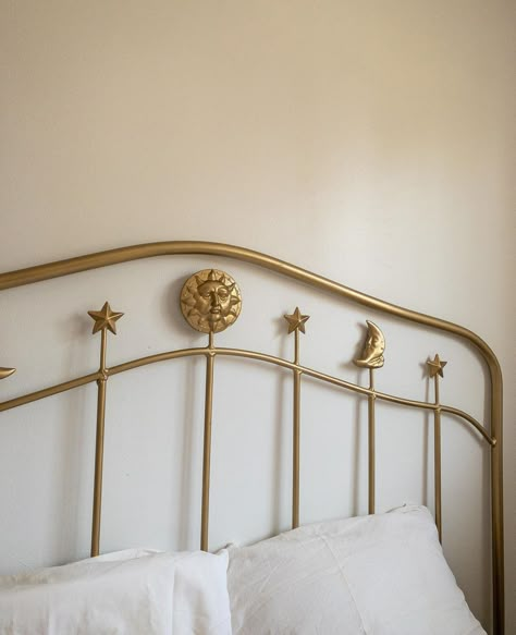 under the sun, moon, and stars. Vintage Celestial gold headboard. Bedroom decor in modern Victorian eclectic celestial style Sun And Moon Furniture, Sun And Moon Home Decor, Vintage Celestial Decor, Gold Headboard Bedroom, Celestial Furniture, Star And Moon Aesthetic, Gold Bedroom Aesthetic, Sun Headboard, Celestial Bedroom Aesthetic