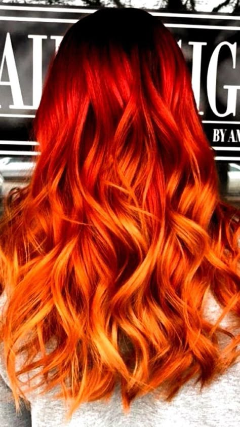 Red And Orange Hair, Fire Ombre Hair, Orange Ombre Hair, Hair Color Red Ombre, Red Orange Hair, Sunset Hair, Red Ombre Hair, Fire Hair, Brown Ombre Hair