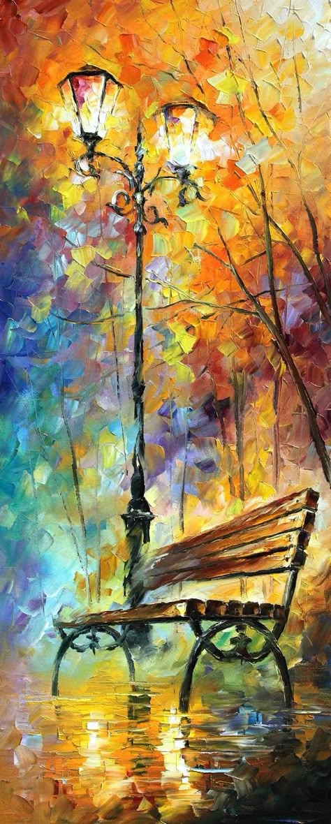 Love this painting Leonid Afremov, Galleria D'arte, Triptych Wall Art, 수채화 그림, Beginner Painting, Easy Paintings, In The Rain, Park Bench, Figure Drawing