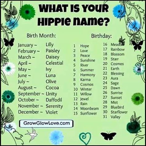 Hippie Names Funny Name Generator, Hippie Names, Spell Your Name, Hippie Party, Fantasy Names, Hippie Culture, Interactive Posts, Name Games, Funny Names