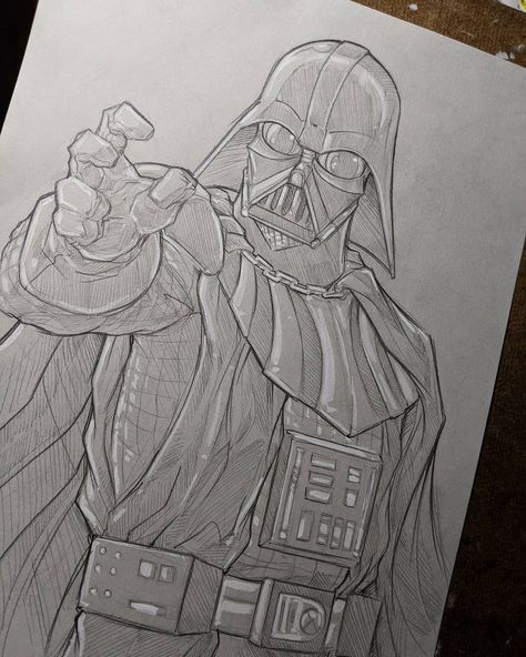 Darth Vader - commish Using 2H,HB and white acrylic white ink on 8x11 grey stock paper Darth Vader Drawing, Star Wars Art Drawings, Potrait Painting, Dark Vador, Star Wars Anakin, Dragon Sketch, Star Wars Drawings, Star Wars Tattoo, Postcard Art