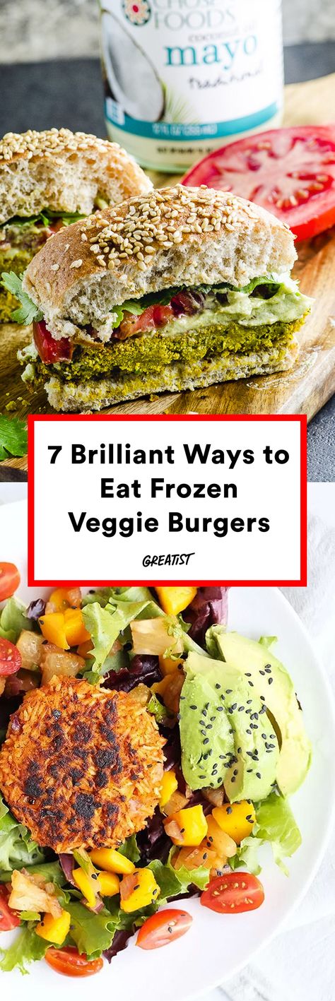 Who knew a frozen patty had *this* much potential? #greatist https://greatist.com/eat/veggie-burger-recipes-you-can-make-with-frozen-patties Veggie Patty Meals, Dr Praegers Veggie Burger Recipe, Frozen Veggie Burger Ideas, Veggie Burger Toppings, Vege Burgers, Veggie Burger Patties, Vegetable Burger, Vegan Patties, Veggie Patties