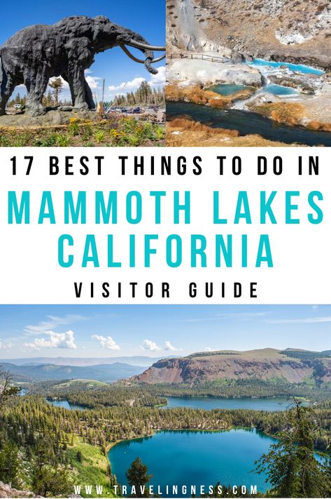 A large statue of a prehistoric Mammoth, beautiful hot springs, and looking down at a stunning lake for camping and fishing are a few great things to do in Mammoth Lakes, California. Things To Do In Mammoth Lakes, Mammoth Lakes Aesthetic, Mammoth Lakes California Fall, Mammoth Caves National Park, Mammoth Lakes California Summer, Mammoth Hot Springs California, Things To Do In Mammoth, Mammoth Cave National Park Hiking, Hiking California