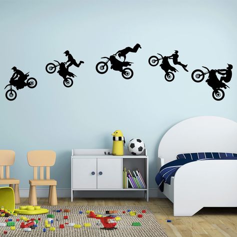 Dirt Bike Nursery Baby Boy, Motocross Bedroom Ideas, Dirt Bike Room For Boys, Motocross Boys Room, Motorcycle Room, Dirt Bike Decor, Motocross Bedroom, Motocross Stickers, Dirt Bike Room