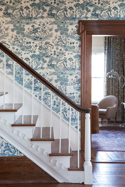 Enchanted Forest by Grey Watkins Wallpaper For Stairs Wall, Wallpaper Stairwell, Painting Wood Trim, Stained Wood Trim, Dark Wood Trim, Picking Paint Colors, Blue And White Wallpaper, Console Styling, Toile Wallpaper