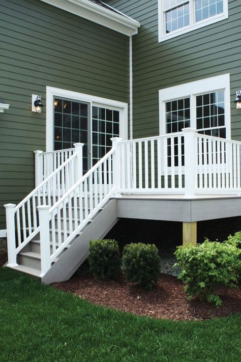 Vinyl Deck Railing Ideas, Vinyl Railings On Deck, Vinyl Deck Railing, Composite Wood Deck, Pvc Railing, Vinyl Deck, Vinyl Railing, Railings Outdoor, Porch Posts