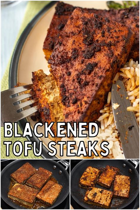 Blackened Tofu Steaks - Easy Cheesy Vegetarian Blackstone Tofu, Blackened Tofu Recipes, Tofu Steak Recipe, Tofu Steaks, Blackened Tofu, Pan Seared Tofu, Grilled Tofu Steak, Hasselback Teriyaki Tofu Steaks, Tofu Steak