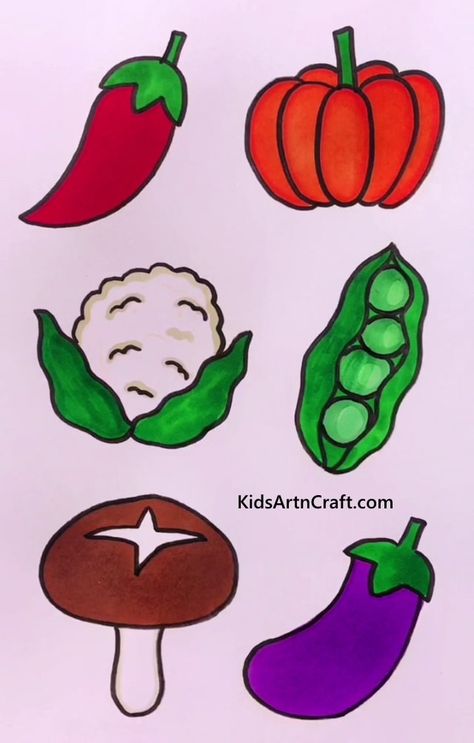 How To Draw Vegetables, Draw Vegetables, Drawing Vegetables, Vegetables Drawing, Vegetable Drawing, Beginners Art, Hand Art Kids, Craft Work For Kids