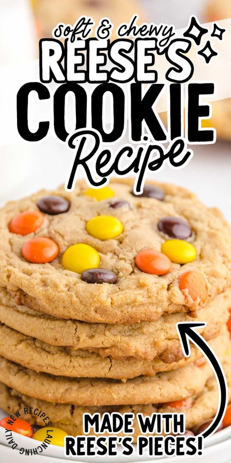 Reese’s cookies are deliciously soft and chewy. They’re flavored with peanut butter and filled with crunchy Reese’s Pieces candies. Reeces Peanut Butter Cookies, Reeses Cookies Recipes, Reese's Cookies, Reese's Pieces Cookies, Reeses Cookies, Soft Peanut Butter Cookies, Cookie Recipes Chewy, Peanut Butter Bites, S Cookies