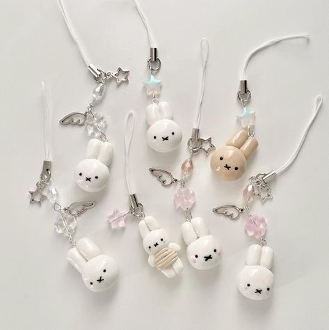 handmade polymer clay miffy inspired phone charms Miffy Polymer Clay, Miffy Clay Charm, Polymer Clay Phone Charms, Clay Charms Ideas, Diy Clay Charms, Small Present Ideas, Clay Charms Diy, Clay Charm Ideas, Miffy Charm