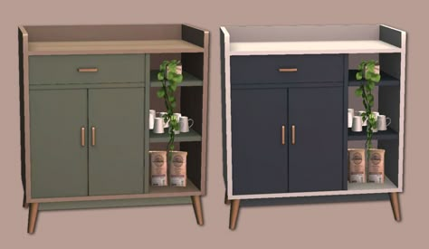 This is a 4to2 conversion from Chicklet. It’s the cabinet I used for the Smoothies Cabinet but without blender and fruits. It has 10 colors (you can see some of them in the smoothies post) but this time it has also 2 different subsets so you can combine more colors for more decor options (like you see in the pic). Less than 2k poly. You wil find it in the counter section but will work like a small table. Modern Coffee Bar, Sim4 Cc, Sims Memes, Sims Furniture, Cc Packs, Coffee Bar Cabinet, Sims Packs, Sims 4 Anime, Teal Kitchen