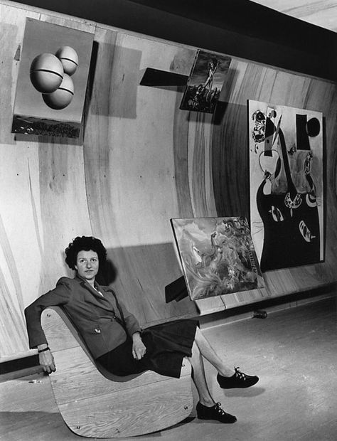 Peggy Guggenheim seated on a Correalist Rocker, Surrealist Gallery, Art of This Century, New York, ca. 1942 Frederick Kiesler, Constantin Brancusi, Louise Nevelson, Peggy Guggenheim, Jean Arp, Marcel Duchamp, Amedeo Modigliani, Max Ernst, Alexander Calder