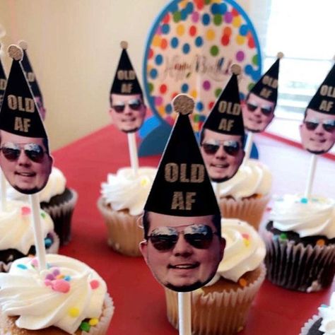 OLD AF Birthday Cupcake Toppers With Face and Birthday Hat | Etsy Over The Hill Party Ideas, 30th Birthday Party Themes, 30th Birthday For Him, Husband 30th Birthday, Face Cupcake Toppers, Husband 40th Birthday, Surprise 30th Birthday, 40th Birthday Men, 30th Birthday Men