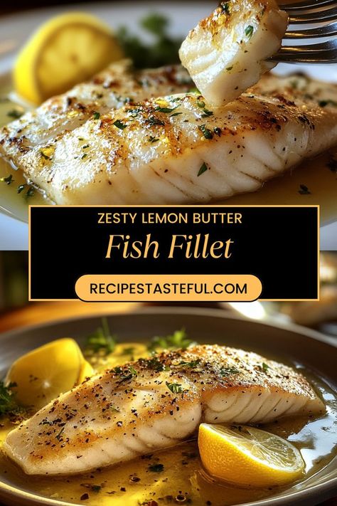 This delicious dish features perfectly seared white fish fillets, topped with a rich and tangy lemon butter sauce. Quick and full of flavor, it’s an ideal meal for any night of the week! Creamy Fish Fillet Recipe, Marinade For White Fish, Lemon Butter Fish Fillet, Lemon Fish Sauce, Lemon Butter Fish Recipes, Zesty Lemon Butter Fish Fillet, Seared Fish Recipes, Fish Fillet Sauce, Fancy Fish Dinner