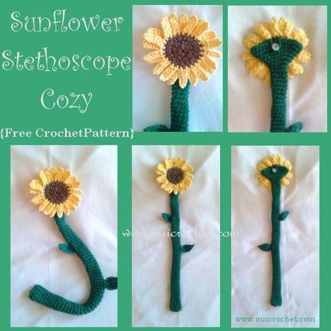 Sunflower Stethoscope Cozy {Free Crochet Pattern} Crochet Cowl Free Pattern, Crochet Puff Flower, Stethoscope Cover, Crochet Hack, Crochet Cozy, Crochet Disney, Crochet Sunflower, Crochet Bookmarks, Crochet Flower Patterns