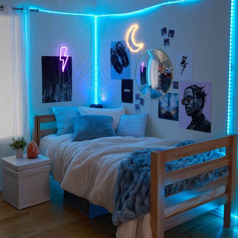 Hostel Room Makeover, Unique Dorm Room, Blue Dorm, Blue Room Decor, Hostel Room, Aesthetic Bedroom Ideas, Modern Kids Bedroom, College Dorm Room Decor, Dorm Room Designs